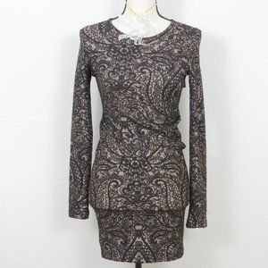 TOPSHOP Black Nude Lace Print Soft Stretchy Long Sleeve Size 6 Mini Dress
